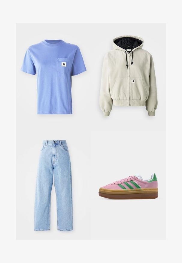 Kapucnis cipzáras dzseki világos bézs színű pamutból; steppelt fekete béléssel, állítható zsinórokkal, két elülső zsebbel és rugalmas mandzsettákkal.; Világoskék pamut póló, kerek nyakkivágással, rövid ujjakkal, mellzsebes megoldással és kis logóval a zseben.; Magas derekú világoskék farmernadrág egyenes széles lábakkal, elülső gombbal, cipzáros záródással, valamint elülső és hátsó zsebekkel.; Rózsaszín zamákból készült sportcipő zöld csíkokkal, fehér díszítéssel és barna gumi talppal. Texturált anyaggal és logóval ellátott részletekkel az oldalon.