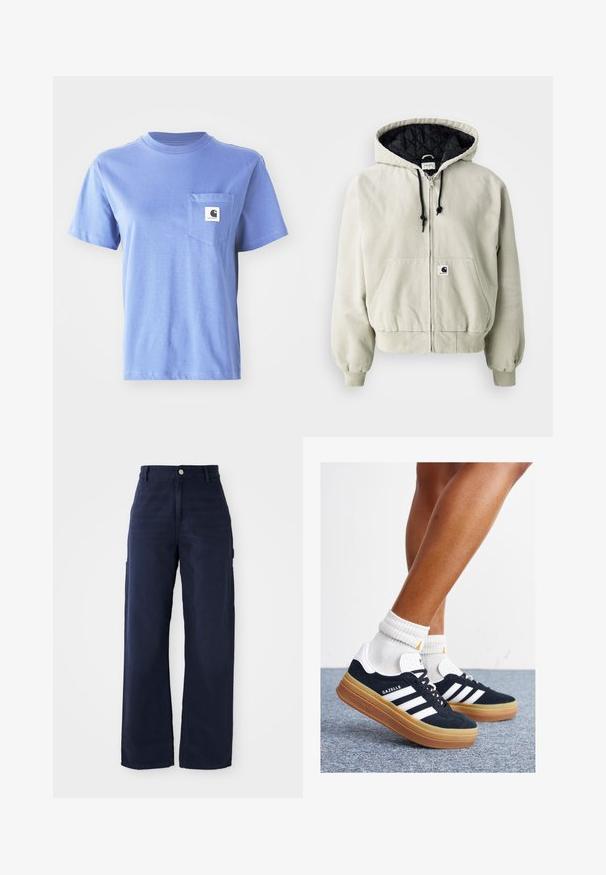 Švarkas su gobtuvu, užtrauktuku, šviesiai bežinės spalvos medvilnės; juoda pagalvėlė viduje, reguliuojamos raišteliai, kišenės priekyje ir elastiniai rankogaliai.; Šviesiai mėlynas medvilninis marškinėliai su apvaliu kaklu, trumpomis rankovėmis, krūtinės kišenė ir mažas logotipas ant kišenės.; Tamsiai mėlynos plačios kojų cargo kelnės, pagamintos iš tvirto medvilninio audinio, su šoninėmis kišenėmis ir sagčių uždarymu juosmenyje.; Juodi zomšiniai sportbačiai su baltais dryžiais ir akcentais, apvalios nosies, guminio, gumos pado, derinami su baltais raitytais vidutinio ilgio kojinaitėmis.