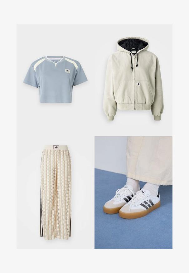 Kapuzenshirt aus leichtem beigen Baumwollstoff; gestepptes schwarzes Innenfutter, verstellbare Kordeln, zwei Vordertaschen und elastische Bündchen.; Gekürztes T-Shirt aus hellblauem Stoff mit kurzen Ärmeln. Mit cremefarbenen Akzenten und einem runden Logo auf der Brust. Runder Ausschnitt.; Cremfarbene, weit geschnittene Hosen mit einem Zickzackmuster, ausgestattet mit einem schwarzen Logo-Bund und seitlichen schwarzen Streifen. Leichter, strukturierter Stoff.; Weiße Sneaker mit schwarzen Streifen und beigen Wildlederakzenten. Besitzen eine strukturierte Gummisohle und flache weiße Schnürsenkel, getragen mit hellen Socken.