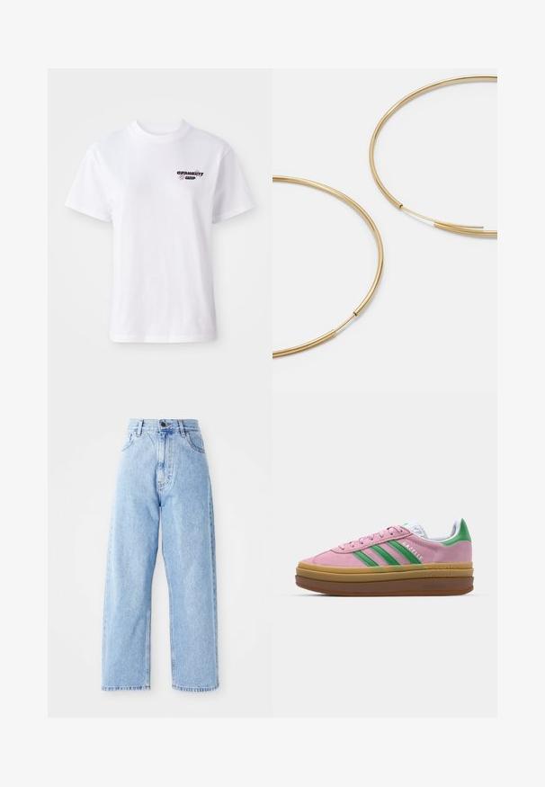 Švarkas su gobtuvu, užtrauktuku, šviesiai bežinės spalvos medvilnės; juoda pagalvėlė viduje, reguliuojamos raišteliai, kišenės priekyje ir elastiniai rankogaliai.; Balta trumpa rankovėmis marškinėliai su apvaliu kaklu ir mažuoju juodu bei purpuriniu Carhartt WIP logotipu kairėje krūtinės pusėje.; Aukštu juosmeniu šviesiai mėlynos džinsinės kelnės su tiesiomis plačiomis kojomis, priekinis mygtukas, užtrauktuko uždarymas ir priekinės bei galinės kišenės.; Rožinės zomšinės sportbačiai su žaliomis juostelėmis, baltais akcentais ir ruda guma. Yra tekstūruota medžiaga ir logo detalės ant šono.; Aukso spalvos žiedo auskarai, ploni ir apvalūs, su lygiu metaliniu paviršiumi be papuošimų ar raštų.