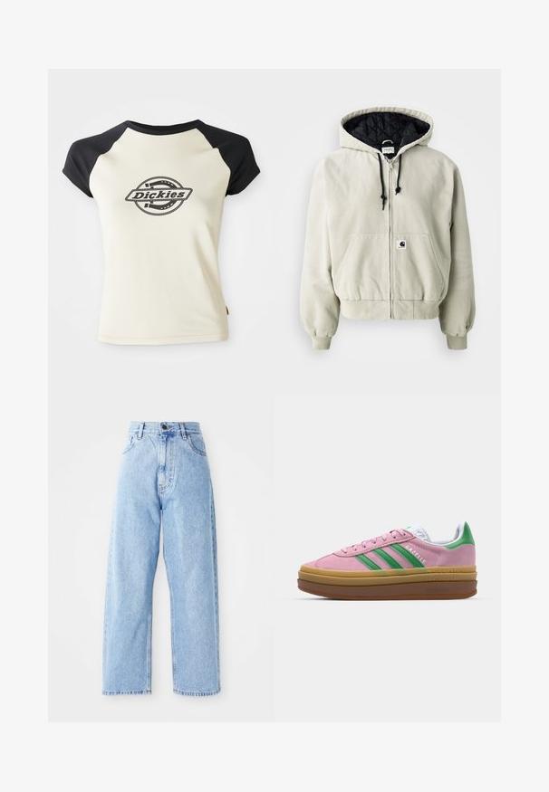 Chaqueta con capucha y cremallera en algodón beige claro; interior acolchado negro, cordones ajustables, dos bolsillos frontales y puños elásticos.; Camiseta de color crema con mangas raglán negras que presenta un logo circular con el texto "Dickies" en el centro, sobre un fondo blanco.; Jeans de mezclilla de tiro alto en color azul claro, con piernas rectas y anchas, cierre frontal con botón y cremallera, y bolsillos delanteros y traseros.; Zapatillas de ante rosa con rayas verdes, acentos blancos y una suela de goma marrón. Presentan un tejido texturizado y detalles del logo en el costado.