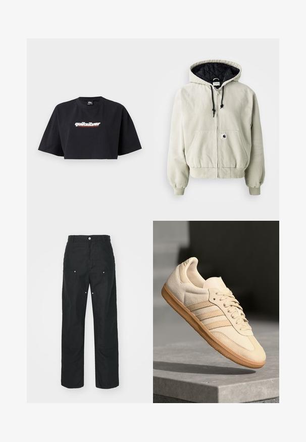 Kapitánka na zips v svetlo béžovej bavne; prešívaný čierny interiér, nastaviteľné šnúrky, dve predné vrecká a elastické manžety.; Čierny crop top tričko, krátke rukávy, vyrobené z bavlny. Na prednej strane zobrazuje logo "Quiksilver Boarding Company" v bielej a červenej farbe.; Čierne nohavice so strihom rovného nohavicu, vyrobené z textúrovanej tkaniny. Obsahujú dekoratívne strieborné kovanie a jedinečné detaily švov.; Svetlo béžová semišová teniska s gumovou podrážkou, tromi diagonálnymi pruhmi a textúrovaným špičkovým krytom. Obsahuje logo na jazyku a boku.