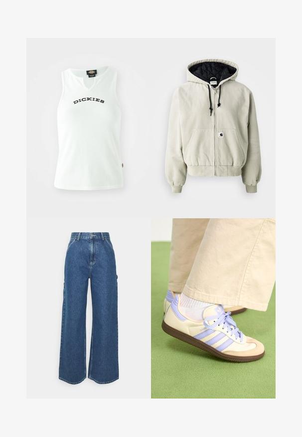 Hooded zip jacket in light beige cotton; quilted black interior, adjustable drawstrings, two front pockets, and elastic cuffs.; White ribbed tank top with a V-neck design, featuring the word "DICKIES" in bold black letters across the chest. No sleeves.; Wide-leg blue denim trousers with a high waist, contrasting stitching, and side pockets, featuring a classic five-pocket design and raw hems.; Cream and lavender sneakers with three stripes and a textured brown sole, featuring laces and a padded heel. Soft fabric upper.