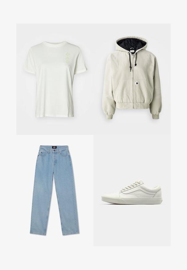 Hooded zip jacket in light beige cotton; quilted black interior, adjustable drawstrings, two front pockets, and elastic cuffs.; White cotton t-shirt with a crew neckline, short sleeves, and a subtle pastel floral design on the front. Soft texture, relaxed fit.; Light blue denim jeans with a straight cut, five pockets, button closure, and subtle whiskering on the front.; White canvas sneaker with a low-top design, round toe, and textured rubber sole. Features reinforced stitching and silver eyelets for laces.