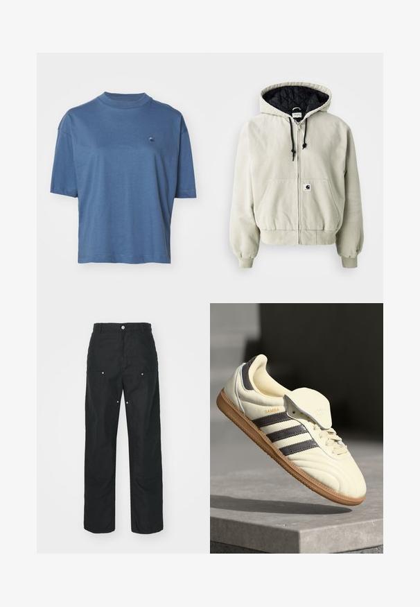 Hooded zip jacket in light beige cotton; quilted black interior, adjustable drawstrings, two front pockets, and elastic cuffs.; Carhartt WIP CHESTER - Basic T-shirt - positano; Black trousers with a straight-leg design, made of a textured fabric. Features decorative silver hardware and unique seam detailing.; Cream leather sneaker with three dark stripes, a brown gum outsole, and a rounded toe. Features a foldable tongue labeled "SAMBA."