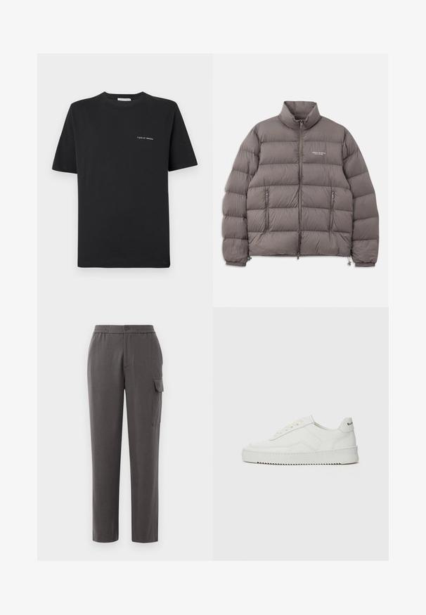 Pelēks polsterēts mētelis ar augstu apkakli, priekšējo rāvējslēdzēju un divām kabatām ar rāvējslēdzējiem sānos. Gluda tekstūra ar quilted rakstu un logo detaļām.; Melna kokvilnas T-kreklu ar apaļu kakla izgriezumu, īsām piedurknēm un mazu balto "TIGER OF SWEDEN" logotipu uz krūtīm. Klasiskā piegriezuma.; Pelēki bikses ar brīvu piegriezumu, izgatavotas no gludas auduma. Ar pogu aizdari, sānu kabatām un papildus kabatu uz kājas.; Baltas ādas sneakers ar gludu virsmu, apaļu pirkstu daļu, plakaniem šņorēm un teksturētu zoli. Satur diskrētu logotipu uz papēža.