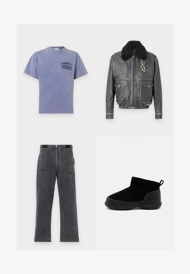 Jachetă neagră din piele cu guler din blană ecologică, două buzunare frontale, detalii cu cusături albe și un accesoriu carabinier.; Tricou din bumbac de culoare mov, cu mâneci scurte, decolteu rotund și un logo imprimat în stil serigrafie, de culoare neagră, care spune "Aries" pe partea stângă a pieptului.; Pantaloni din denim de culoare gri închis, cu un design dreapt, având un fermoar în față, talie elastică și două buzunare mari pe laterale.; Cizme negre până la gleznă, cu un superior din suede neted și talpă din cauciuc, având un design minimalist și un manșon în spate pentru a fi ușor de încălțat.