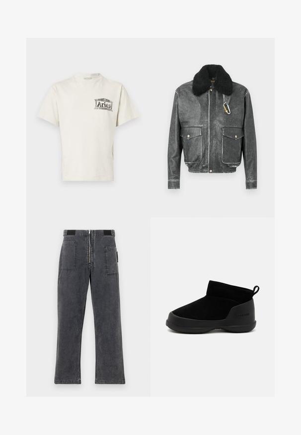 Fekete bőr dzseki mű szőrmés gallérral, két első zsebbel, fehér varrási részletekkel és karabineres díszítéssel.; Rövid ujjú, kerek nyakú póló világos krémszínű pamutból, bal mellen fekete grafikai mintával, amely "Kos" feliratot tartalmaz.; Sötétszürke farmernadrág egyenes lábakkal, elülső cipzárral, rugalmas derékpánttal és két nagy oldalsó zsebbel.; Fekete bokapuszta csizmák sima velúrból készült felsőrésszel és gumitalppal, minimalista dizájnnal és hátul található húzófüllel a könnyű felvétel érdekében.