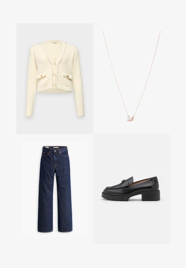 Smėlio spalvos vilnos mišinys paltas su pritaikytu dizainu, kilpomis, trimis juodais mygtukais ir dviem priekinėmis kišenėmis. Ilgos rankovės ir vidutinio ilgio kirpimas.; Trumpas kreminės spalvos kardiganas su V formos iškirpte, tekstūriniu mezginiu, dviem priekiniais kišenėmis ir trimis apvaliais kontrastingos spalvos mygtukais.; Šviesiai mėlyna bluzonė, pagaminta iš blizgaus audinio, su klasikiniais apykaklėmis, užsegimu mygtukais, pūstomis rankovėmis ir daugiapakopiu, volanguotais kraštais.; Tamsiai mėlynos tiesaus kirpimo džinsinės kelnės su penkiais kišenėmis, oranžinėmis siūlėmis ir mygtukų užtrauktuku.; Juodas odinis loaferis su žemu blokiniu kulnu, apvalia nosimi, dekoratyviu dirželiu ir tekstūruotu siuvimo detalėmis viršuje. Lygus paviršius.; Rožinio aukso kaklo vėrinys su gulbės pakabuku, puoštas skaidriais kristalais. Grandinėlė pasižymi subtiliu akmens dizainu.