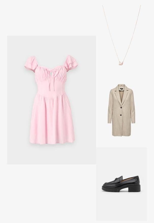 Beige villasekoitteinen takki, jossa on muotoutunut muotoilu, kulmahuulet, kolme mustaa nappia ja kaksi etutaskua. Pitkät hihat ja keskipitkä selaus.; Vaaleanpunainen mekko, jossa on lyhyet, röyhelöity hihat, rypytetty yläosa ja avainaukko-yksityiskohta. Laajeneva hameosa ja sileä kangas.; Mustapohjaiset nahkaloaferit, joissa on matala lohkarekorko, pyöristetty varvas, koristeellinen nauha ja teksturoitu ommel yläosassa. Sileä viimeistely.; Keltainen mokkanahkainen hobo-laukku, jossa on sileä pinta, leveä aukko ja ruskea nahkareunus ylhäällä. Varustettu hopeanvärisellä vetoketjulla.; Kulta ruusu -ketju, jossa on joutsen-riipus, koristeltu kirkkailla kristalleilla. Ketjussa on herkkä linkkimuotoilu.