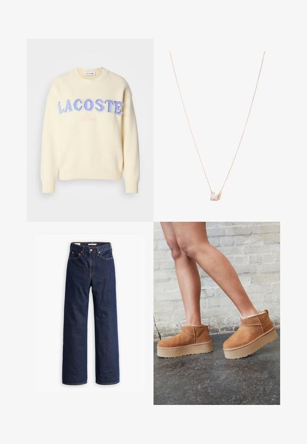 Beige wollen blend jas met een op maat gemaakt ontwerp, notch revers, drie zwarte knopen en twee voorzakken. Lange mouwen en middellange snit.; Crème sweater met een ronde halslijn, geribde manchetten en zoom. "LACOSTE" in donzige blauwe letters en "Parijs" in zachtroze, gecentreerd aan de voorkant.; Donkerblauwe rechte spijkerbroek met vijf zakken, oranje stiksels en een knopen sluiting.; Bruine suède enkelboots met een zachte voering, dikke beige plateauzool en een achterste lus. Getextureerde oppervlakte met zichtbare stiksels.; Roségouden ketting met een zwaan hanger, versierd met heldere kristallen. De ketting heeft een verfijnd schakeldesign.