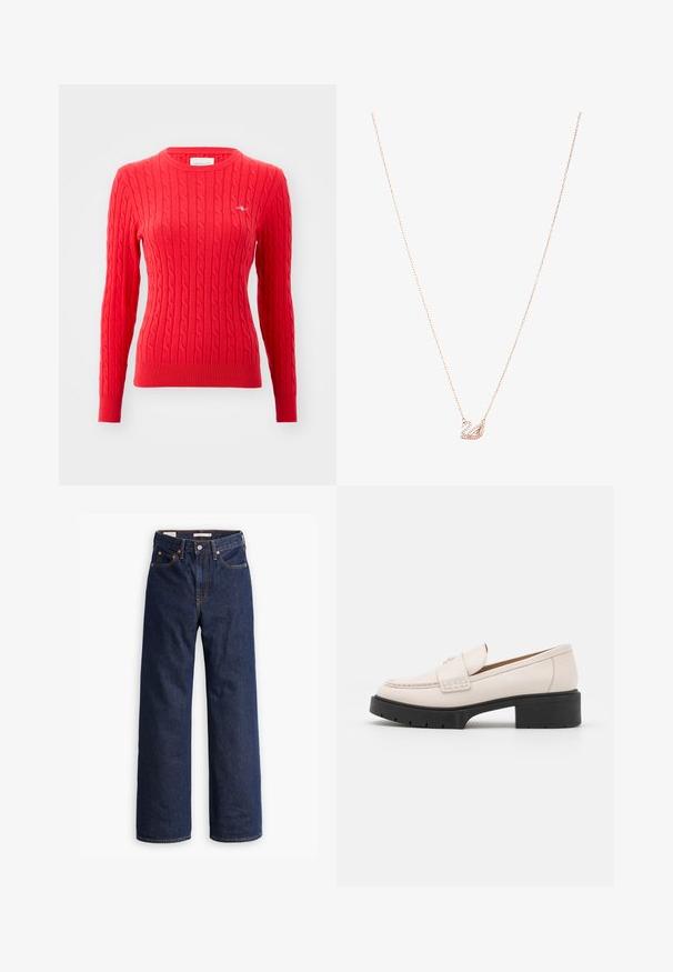 Beige wollen blend jas met een op maat gemaakt ontwerp, notch revers, drie zwarte knopen en twee voorzakken. Lange mouwen en middellange snit.; Rode kabelgebreide trui met lange mouwen, geribbelde manchetten en zoom, ronde halslijn en een klein logo-detail op de borst. Zachte textuur.; Donkerblauwe rechte spijkerbroek met vijf zakken, oranje stiksels en een knopen sluiting.; Lichtbeige leren loafers met een gestikte voorkant en een textuur met een zwarte plateauhak. Beschikt over een gebogen ontwerp en een lichte verhoging.; Roségouden ketting met een zwaan hanger, versierd met heldere kristallen. De ketting heeft een verfijnd schakeldesign.