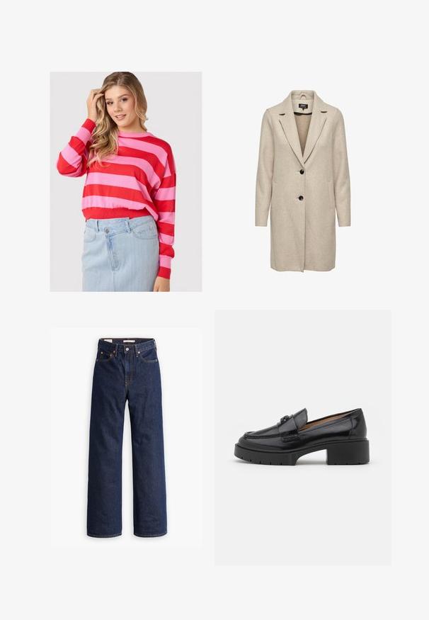 Beige Wollmischungs-Mantel mit taillierter Form, Reverskragen, drei schwarzen Knöpfen und zwei Fronttaschen. Lange Ärmel und mittellanger Schnitt.; Röhrenpullover in Rot und Pink mit rundem Ausschnitt und lässiger Passform, kombiniert mit einem hellblauen Jeansrock. Weiches Strickmaterial.; Dunkelblaue gerade geschnittene Denim-Jeans mit fünf Taschen, orangefarbenen Nähten und einem Knopfverschluss.; Schwarze Lederloafer mit niedrigem Blockabsatz, runder Zehenform, dekorativem Riemen und strukturiertem Steppdetail im Obermaterial. Glatte Oberfläche.