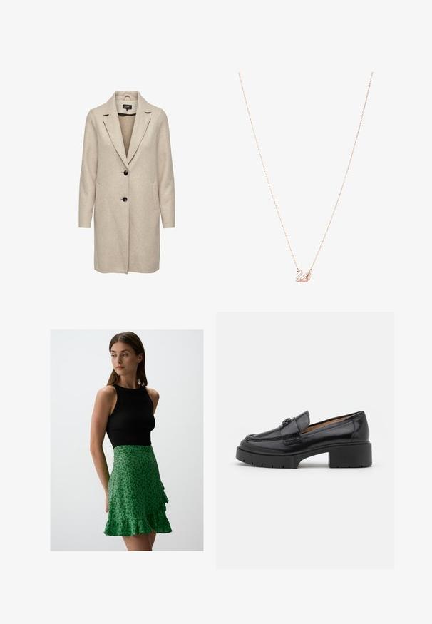 Beżowy płaszcz wełniany w połączeniu z innymi materiałami, o dopasowanym kroju, z klapami w kształcie notcha, trzema czarnymi guzikami i dwoma przednimi kieszeniami. Długie rękawy i średniej długości krój.; Jasnoniebieska bluzka wykonana z błyszczącego materiału, z klasycznym kołnierzykiem, zapięciem na guziki, bufkami oraz warstwowym, falbaniastym dołem.; Jimmy Key REGULAR zielony; Czarne skórzane mokasyny z niskim obcasem, zaokrąglonym czubkiem, dekoracyjnym paskiem i teksturowanym szyciem na cholewce. Gładkie wykończenie.; Naszyjnik w kolorze różowego złota z zawieszką w kształcie łabędzia, zdobiony przezroczystymi kryształami. Łańcuszek ma delikatny wzór ogniw.
