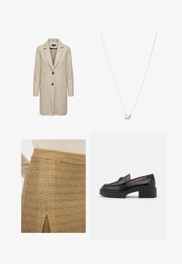 Abrigo de mezcla de lana beige con un diseño entallado, solapas de muesca, tres botones negros y dos bolsillos frontales. Manga larga y corte a media longitud.; Blusa azul claro hecha de tela brillante, con un cuello clásico, frente de botones, mangas abullonadas y un dobladillo con volantes en capas.; Falda beige texturizada con un patrón tejido sutil y una ligera abertura, con detalles dorados y un ajuste entallado.; Mocasín de cuero negro con tacón bajo, punta redondeada, correa decorativa y detalle de costura texturizada en la parte superior. Acabado suave.; Collar de oro rosa con un colgante de cisne, adornado con cristales transparentes. La cadena presenta un diseño de eslabones delicados.