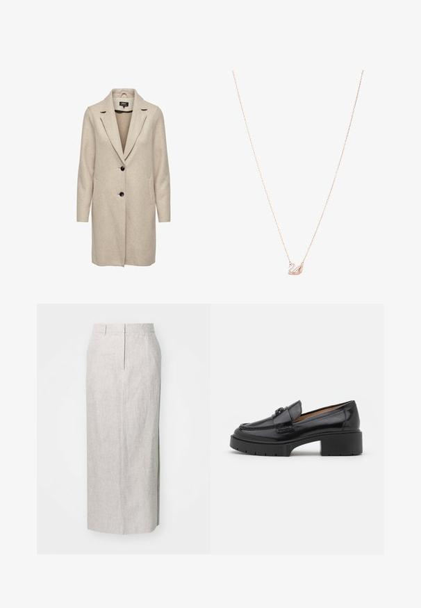 Beige plašč iz volnenega mešanice s prilagojeno zasnovo, zareznimi reverji, tremi črnimi gumbi in dvema sprednjima žepoma. Dolgi rokavi in srednje dolžine.; Svetlo modra bluza iz sijočega materiala, z klasičnim ovratnikom, sprednjim gumbom, napihnjenimi rokavi in večplastnim, nabranim robom.; Svetlo siva, krilna obleka do kolen iz strukture tkanine, ki ima prilega pas, diskretne šive in brez vidnih zapiral. ; Črne usnjene loafer čevlje z nizko blok peto, zaobljenim nosom, okrasnim trakom in teksturiranim šivom na zgornjem delu. Gladek zaključek.; Ogrlica v rožnato zlato z obeskom v obliki laboda, okrašena s prozornimi kristali. Veriga ima občutljiv dizajn povezav.