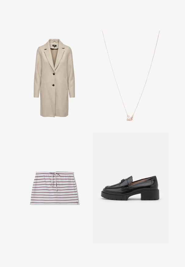 Palton bej dintr-un amestec de lână cu un design croit, revere cu tăietură tip notch, trei nasturi negri și două buzunare frontale. Mâneci lungi și croială de lungime medie.; Bluză bleu deschis, fabricată dintr-un material lucios, cu guler clasic, închidere cu nasturi, mâneci bufante și un tiv stratificat, cu volane.; Fustă cu dungi, tip pull-on, dotată cu un brâu din șnur, realizată dintr-un material moale. Culorile includ dungi albe, burgundii și albastre deschise.; Mocasin din piele neagră cu toc mic pătrat, vârf rotunjit, bandă decorativă și detaliu de cusătură texturată pe partea superioară. Finisaj neted.; Colier din aur roz cu un pandantiv în formă de lebădă, embellisat cu cristale clare. Lanțul are un design delicat cu verigi.