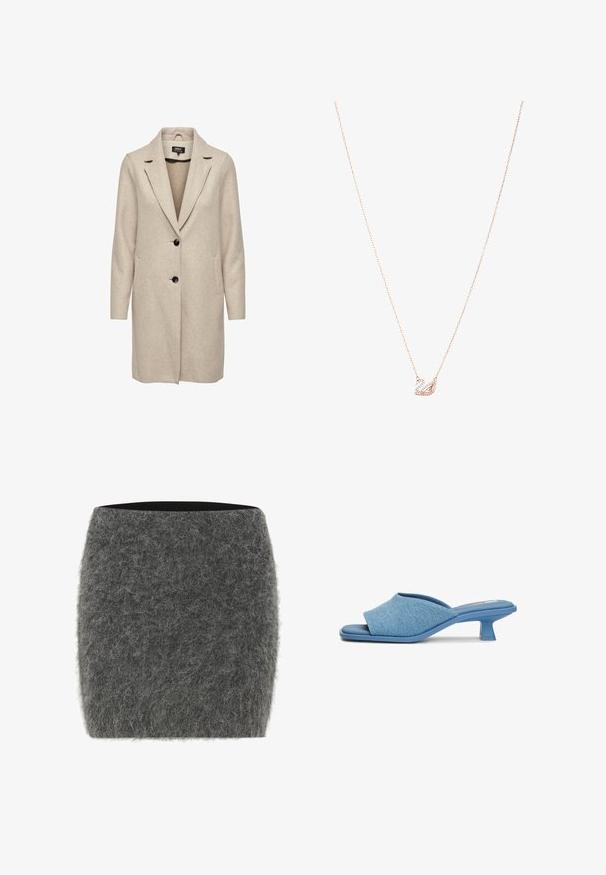 Smėlio spalvos vilnos mišinys paltas su pritaikytu dizainu, kilpomis, trimis juodais mygtukais ir dviem priekinėmis kišenėmis. Ilgos rankovės ir vidutinio ilgio kirpimas.; Šviesiai mėlyna bluzonė, pagaminta iš blizgaus audinio, su klasikiniais apykaklėmis, užsegimu mygtukais, pūstomis rankovėmis ir daugiapakopiu, volanguotais kraštais.; Pilkas veltinis sijonas su švelniu, tekstūruotu paviršiumi. Tiesus siluetas, vidutinio aukščio juosmens juosta ir jokių matomų detalių ar raštų.; Mėlyni džinsiniai šlepetės su kryžminiu dirželių dizainu, pasižyminčios žemu geometriniu kulnu ir lygiu, tekstūruotu paviršiumi.; Rožinio aukso kaklo vėrinys su gulbės pakabuku, puoštas skaidriais kristalais. Grandinėlė pasižymi subtiliu akmens dizainu.