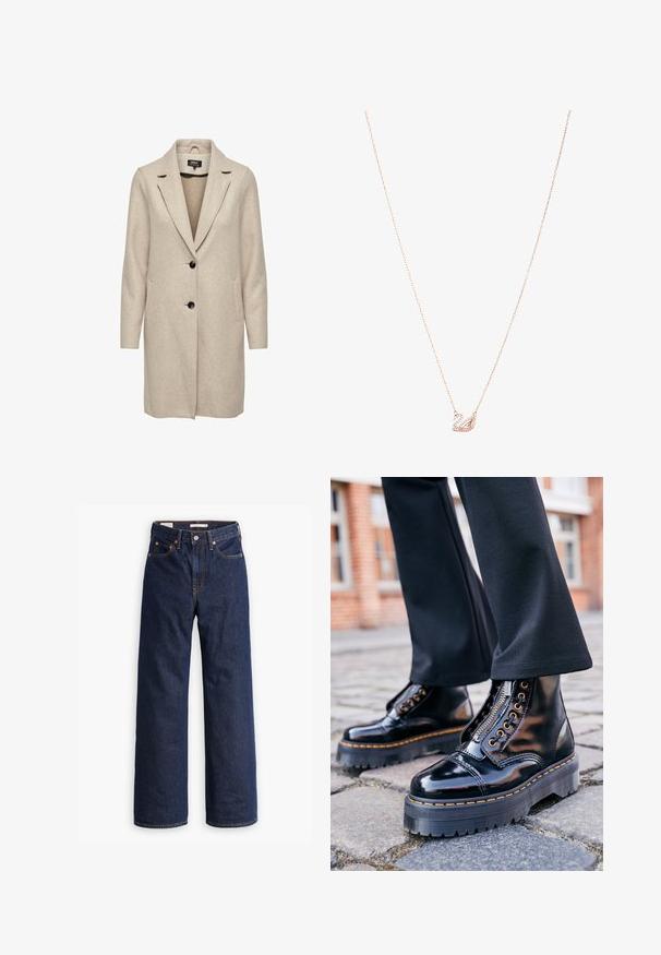 Beige ullblandingsfrakk med skreddersydd design, hakkete krage, tre svarte knapper og to frontlommer. Lange ermer og midtlengde.; Lyseblå bluse laget av blankt stoff, med klassisk krage, knapplukking foran, puffede ermer og en lagdelt, volangkant.; Mørkeblå rette denimjeans med fem lommer, oransjefarget søm og knappestenging.; Sorte patentlær ankle boots med en tyk gummisål, lynlås i siden, guldfarvede øjer og kontrasterende gule stikninger.; Rose gullkjede med en svaneanheng, dekorert med klare krystaller. Kjeden har et delikat lenkedesign.