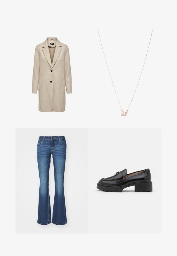 Bežový kabát z vlnenej zmesi s upraveným dizajnom, s klopami a tromi čiernymi gombíkmi, a s dvoma prednými vreckami. Dlhé rukávy a stredná dĺžka.; Svetlomodrá blúzka z lesklej látky, s klasickým golierom, zapínaním na gombíky, naberanými rukávmi a tierovaným volánovým lemy.; Bledé džínsy v stredne modrom denim. Obsahujú zips s kovovým gombíkom, dve predné vrecká a vyblednúce detaily v blízkosti kolien.; Čierne kožené loafre s nízkym blokovým opätkom, zaoblenou špičkou, dekoratívnym remienkom a textúrovaným štepovaním na vrchnáku. Hladký povrch.; Náhrdelník z ružového zlata s pendantom labute, zdobený čírymi kryštálmi. Reťaz je vybavená jemným dizajnom článkov.