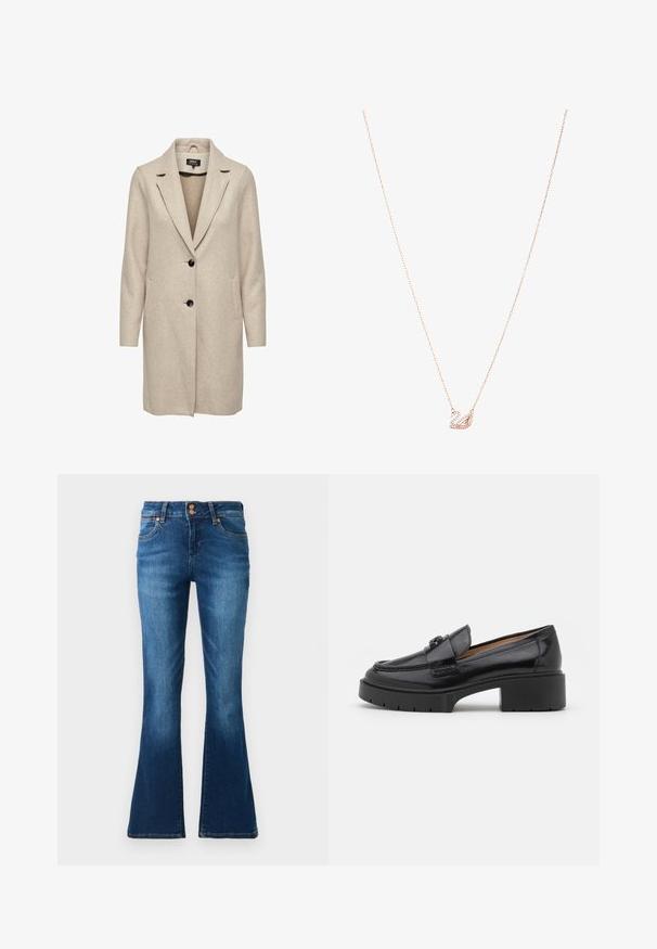 Beige ullblandad kappa med skräddarsydd design, slagkragar, tre svarta knappar och två framfickor. Långa ärmar och medellång längd.; Ljusblå blus i glänsande tyg, med klassisk krage, knäppning framtill, puffärmar och en lager-på-lager, volangad nederkant.; Högmidjade blå denimjeans med lätt utsvängda anklar, med två framfickor och kopparknäppningar.; Svart läderloafersko med låg blockklack, rund tå, dekorativ rem och texturerad sömdetalj på ovandelen. Slät yta.; Halsband i roséguld med en svanpendel, prydd med klara kristaller. Kedjan har en fin länkdessign.