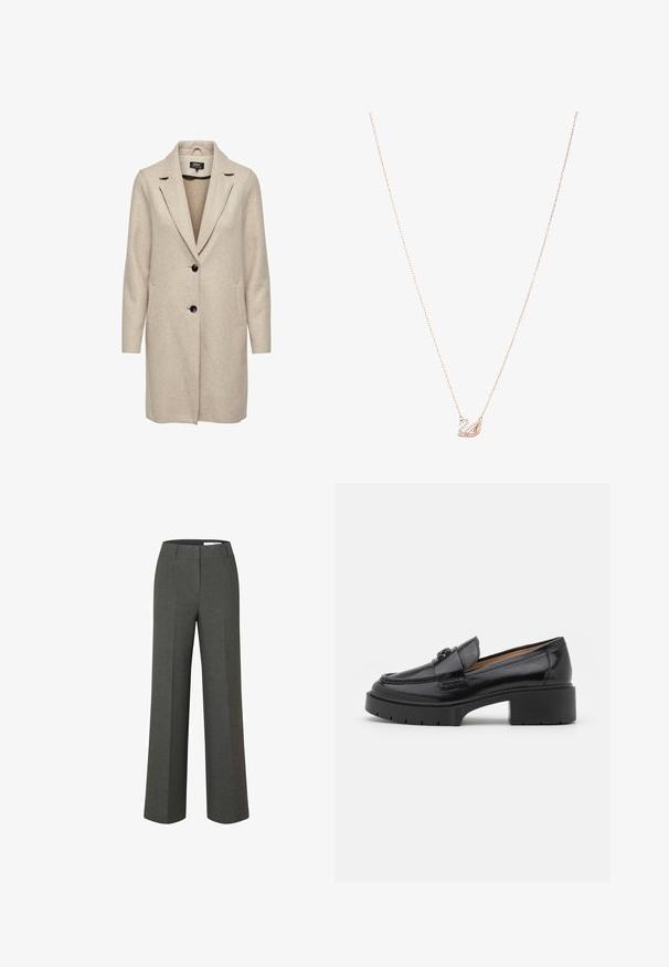 Beige villasekoitteinen takki, jossa on muotoutunut muotoilu, kulmahuulet, kolme mustaa nappia ja kaksi etutaskua. Pitkät hihat ja keskipitkä selaus.; Vaaleansininen paita, joka on valmistettu kiiltävästä kankaasta. Siinä on klassinen kaulus, napitettava etuosa, puffihihat ja kerroksellinen, röyhelöreuna.; Vyötiölahkeet keskiharmaasta kankaasta, jossa on tasainen etuosa, suora leikkaus ja siistit linjat. Ei näkyviä taskuja tai varusteita.; Mustapohjaiset nahkaloaferit, joissa on matala lohkarekorko, pyöristetty varvas, koristeellinen nauha ja teksturoitu ommel yläosassa. Sileä viimeistely.; Kulta ruusu -ketju, jossa on joutsen-riipus, koristeltu kirkkailla kristalleilla. Ketjussa on herkkä linkkimuotoilu.