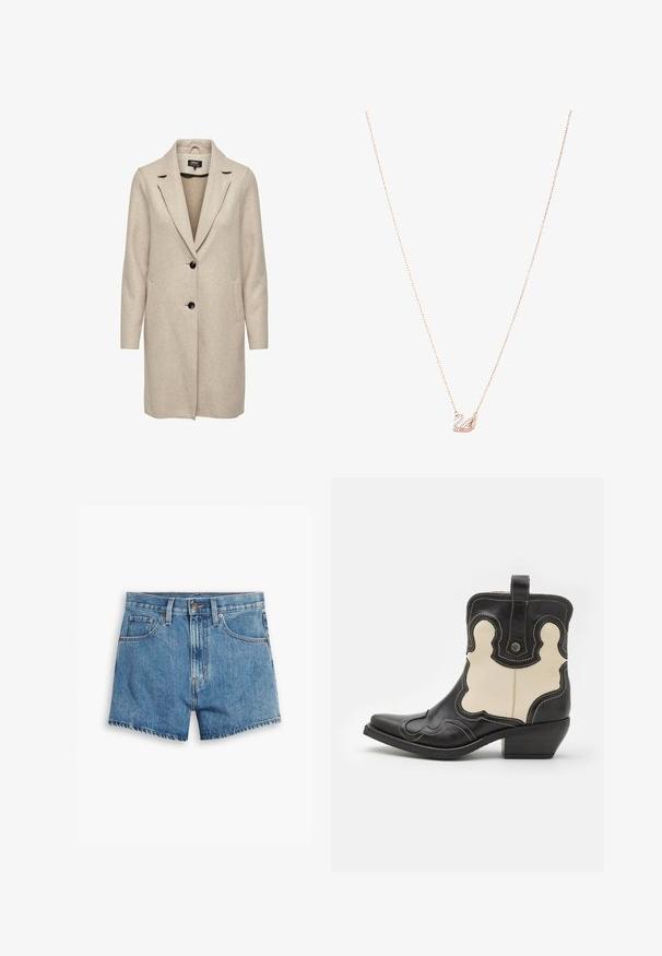 Smėlio spalvos vilnos mišinys paltas su pritaikytu dizainu, kilpomis, trimis juodais mygtukais ir dviem priekinėmis kišenėmis. Ilgos rankovės ir vidutinio ilgio kirpimas.; Šviesiai mėlyna bluzonė, pagaminta iš blizgaus audinio, su klasikiniais apykaklėmis, užsegimu mygtukais, pūstomis rankovėmis ir daugiapakopiu, volanguotais kraštais.; Šviesiai mėlyni džinsiniai šortai, turintys penkis kišenes, užtrauktuko užsegimą ir mygtuko uždarymą. Apačia yra nusidėvėjusi, o dizainas yra laisvo pjūvio.; Juodas ir kremas odinis šaunus botas su baltomis siūlėmis, smailiu nosiu, lenktomis rašmenimis ir trumpu aukštu kulnu. Ištraukiamoji juosta gale.; Rožinio aukso kaklo vėrinys su gulbės pakabuku, puoštas skaidriais kristalais. Grandinėlė pasižymi subtiliu akmens dizainu.