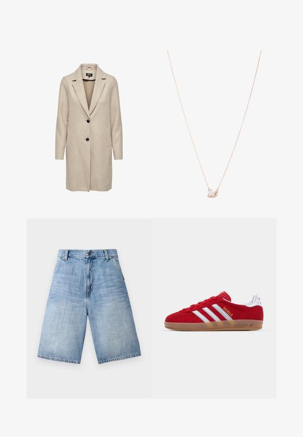 Bež kaput od vune s mješavinom vlakana, s prilagođenim dizajnom, reverima u obliku slova notch, tri crna dugmeta i dva prednja džepa. Dugi rukavi i srednje dugačak kroj.; Svijetloplava bluzica od sjajnog materijala, s klasičnim okovratnikom, prednjim kopčanjem, napuhanim rukavima i višeslojnim, volanastim rubom.; Svijetloplave traper kratke hlače s opuštenim fitom, dizajnom s pet džepova i zatvorenjem na gumbe u struku. Detalj s izfrčenim rubom na nogavicama.; Crvene nubuk tenisice s bijelim dizajnom tri pruge i zlatnim natpisom "Gazelle". Sadrže gumeni potplat i teksturiranu petu.; Ogrlica u ružičastom zlatu s privjeskom labuda, ukrašena prozirnim kristalima. Lanac ima delikatan uzorak karika.