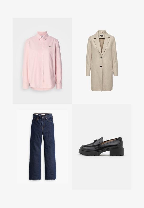 Beige wool-blend coat with a tailored design, notch lapels, three black buttons, and two front pockets. Long sleeves and mid-length cut.; Light pink long-sleeve button-up shirt made of cotton. Features a classic collar and a small green logo on the chest. Tailored fit.; Dark blue straight-leg denim jeans with five pockets, orange stitching, and a button fly closure.; Black leather loafer with a low block heel, rounded toe, decorative strap, and textured stitching detail on the upper. Smooth finish.