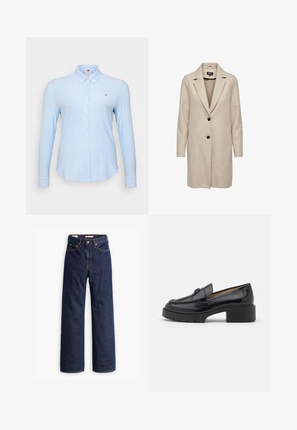 Beige gyapjú keverék kabát, testre szabott kialakítással, hajtókás gallérral, három fekete gombbal és két elülső zsebbel. Hosszú ujjak és közép hosszúságú fazon.; Világoskék, hosszú ujjú ing, függőleges fehér csíkokkal, gombos záródással, klasszikus gallérral és egy kis logóval a mellkasán.; Sötétkék egyenes szárú farmernadrág öt zsebbel, narancssárga varrással és gombos záródással.; Fekete bőr loafer alacsony blokk sarkú, lekerekített orrú, díszes pánttal és textúrált varrással a felső részen. Simító felület.