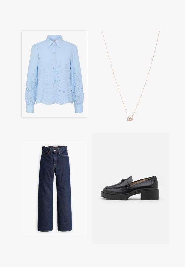Beige wollen blend jas met een op maat gemaakt ontwerp, notch revers, drie zwarte knopen en twee voorzakken. Lange mouwen en middellange snit.; Lichtblauwe blouse met een knoopsluiting aan de voorkant, puntige kraag, lange puffmouwen en geborduurd oogjesdesign. Schulpzoomdetail.; Donkerblauwe rechte spijkerbroek met vijf zakken, oranje stiksels en een knopen sluiting.; Zwarte leren instapper met een lage blokhak, ronde neus, decoratieve strap en een geprofileerde stikselafwerking op de bovenkant. Gladde afwerking.; Roségouden ketting met een zwaan hanger, versierd met heldere kristallen. De ketting heeft een verfijnd schakeldesign.