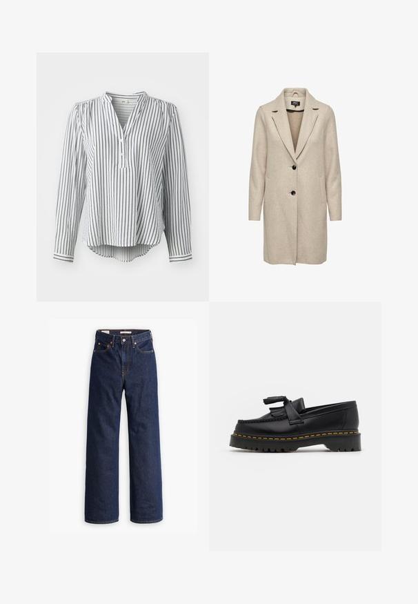 Manteau en mélange de laine beige au design ajusté, avec des revers en pointe, trois boutons noirs et deux poches avant. Manches longues et coupe mi-longue.; Chemise blanche à manches longues avec des rayures verticales bleu marine, dotée d'un col plissé, d'une fermeture à boutons et d'un ourlet arrondi. Fabriquée en tissu léger.; Jeans en denim droit bleu foncé avec cinq poches, surpiqûres orange et fermeture à boutons.; Mocassin en cuir noir avec un accent à frange, doté d'une semelle épaisse noire et d'une couture jaune le long du bord. Fini texturé.