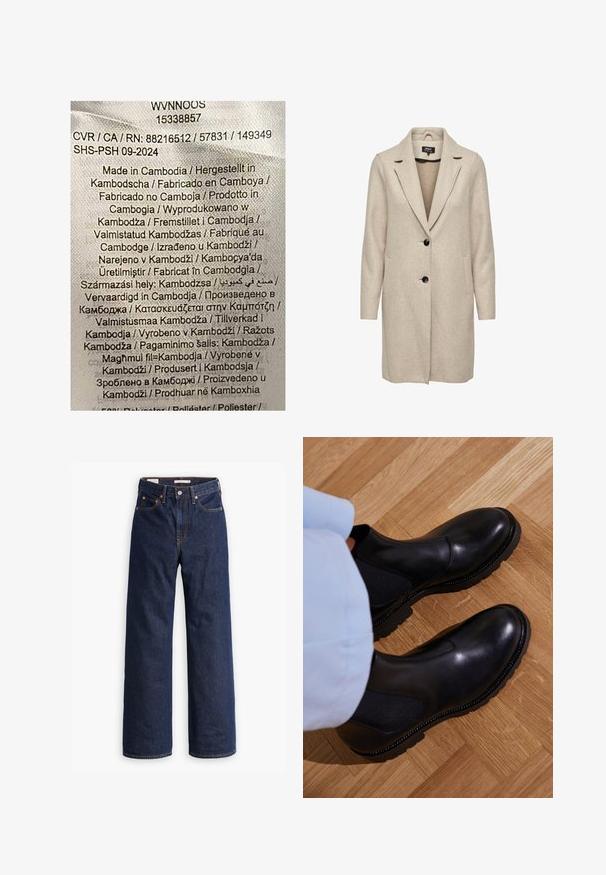 Beige wool-blend coat with a tailored design, notch lapels, three black buttons, and two front pockets. Long sleeves and mid-length cut.; Label featuring multicolor text on a light fabric background. Lists manufacturing details in various languages; primarily states "Made in Cambodia."; Dark blue straight-leg denim jeans with five pockets, orange stitching, and a button fly closure.; Black ankle boots made of smooth leather with elastic side panels, a textured rubber sole, and contrast stitching along the edge.