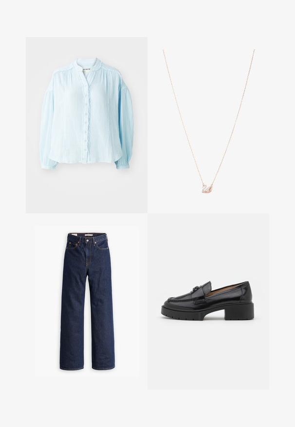 Smėlio spalvos vilnos mišinys paltas su pritaikytu dizainu, kilpomis, trimis juodais mygtukais ir dviem priekinėmis kišenėmis. Ilgos rankovės ir vidutinio ilgio kirpimas.; Šviesiai mėlynas mygtukų marškinėliai, tekstūruota medžiaga, apvali iškirptė, ilgos pūstos rankovės, raukšlėti akcentai palei mygtukų užtraukimą ir apykakles.; Tamsiai mėlynos tiesaus kirpimo džinsinės kelnės su penkiais kišenėmis, oranžinėmis siūlėmis ir mygtukų užtrauktuku.; Juodas odinis loaferis su žemu blokiniu kulnu, apvalia nosimi, dekoratyviu dirželiu ir tekstūruotu siuvimo detalėmis viršuje. Lygus paviršius.; Rožinio aukso kaklo vėrinys su gulbės pakabuku, puoštas skaidriais kristalais. Grandinėlė pasižymi subtiliu akmens dizainu.