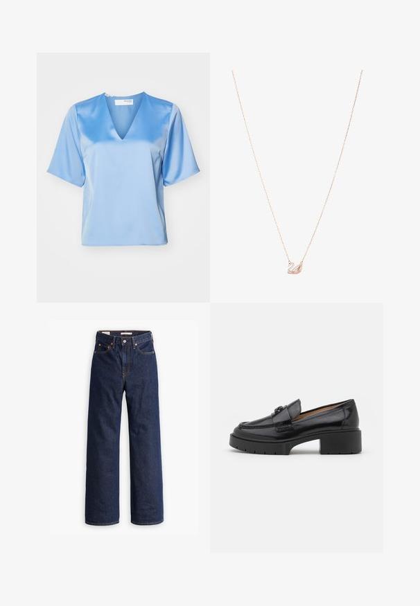 Casaco em mistura de lã bege com um design estruturado, lapelas com corte em bico, três botões pretos e dois bolsos frontais. Mangas longas e corte a meio comprimento.; Blusa de seda azul clara com decote em V, mangas curtas e uma textura suave, apresentando um corte descontraído e detalhes de costura mínimos.; Jeans de ganga azul-escuro de perna reta com cinco bolsos, costuras laranja e fecho de botão.; Mocassim de couro preto com um salto baixo, bico arredondado, fita decorativa e detalhe de costura texturizada na parte superior. Acabamento suave.; Colar em ouro rosa com um pendente de cisne, embelezado com cristais transparentes. A corrente apresenta um design de elos delicado.