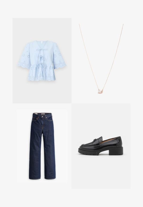 Smėlio spalvos vilnos mišinys paltas su pritaikytu dizainu, kilpomis, trimis juodais mygtukais ir dviem priekinėmis kišenėmis. Ilgos rankovės ir vidutinio ilgio kirpimas.; Mėlynas medvilnės bluzonas su V formos kaklu, surišama priekyje ir platėjančiomis rankovėmis. Yra siuvinėtų išpjovų ir banginių kraštų hemui bei rankovėms.; Tamsiai mėlynos tiesaus kirpimo džinsinės kelnės su penkiais kišenėmis, oranžinėmis siūlėmis ir mygtukų užtrauktuku.; Juodas odinis loaferis su žemu blokiniu kulnu, apvalia nosimi, dekoratyviu dirželiu ir tekstūruotu siuvimo detalėmis viršuje. Lygus paviršius.; Rožinio aukso kaklo vėrinys su gulbės pakabuku, puoštas skaidriais kristalais. Grandinėlė pasižymi subtiliu akmens dizainu.