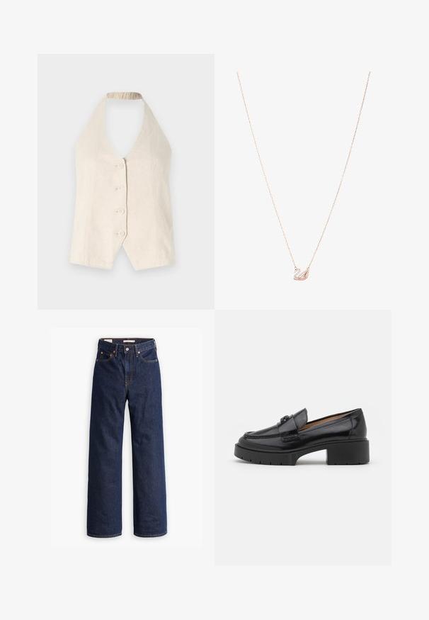 Beige ullblandingsfrakk med skreddersydd design, hakkete krage, tre svarte knapper og to frontlommer. Lange ermer og midtlengde.; Kremfarget halterneck-top laget av lin, med dyp V-hals og fem stoffdekkede knapper foran. Rynket detalj ved halsen.; Mørkeblå rette denimjeans med fem lommer, oransjefarget søm og knappestenging.; Sorte skinn loafers med lav blokkhelt, rund tå, dekorativ rem og teksturert sømdetalj på overdelen. Glatt finish.; Rose gullkjede med en svaneanheng, dekorert med klare krystaller. Kjeden har et delikat lenkedesign.