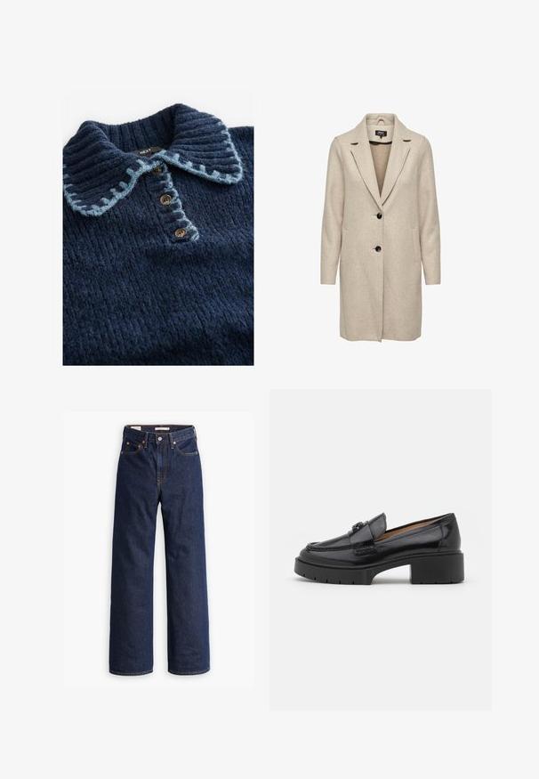 Beige Wollmischungs-Mantel mit taillierter Form, Reverskragen, drei schwarzen Knöpfen und zwei Fronttaschen. Lange Ärmel und mittellanger Schnitt.; Next WITH STITCH COLLAR DETAIL - Langarmshirt - blue navy; Dunkelblaue gerade geschnittene Denim-Jeans mit fünf Taschen, orangefarbenen Nähten und einem Knopfverschluss.; Schwarze Lederloafer mit niedrigem Blockabsatz, runder Zehenform, dekorativem Riemen und strukturiertem Steppdetail im Obermaterial. Glatte Oberfläche.