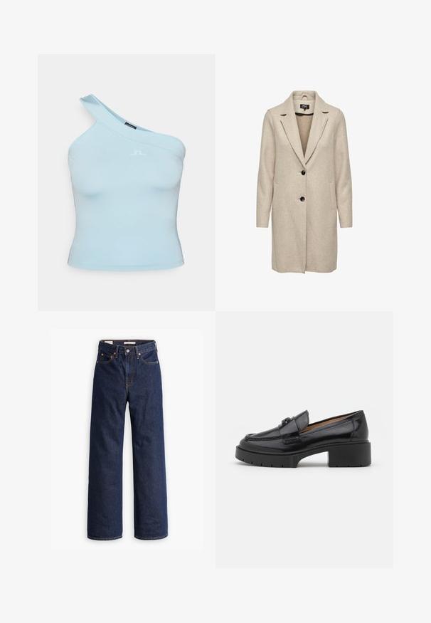 Beige wool-blend coat with a tailored design, notch lapels, three black buttons, and two front pockets. Long sleeves and mid-length cut.; Light blue one-shoulder top made of smooth, stretchy fabric. Features a curved neckline and a logo accent on the front.; Dark blue straight-leg denim jeans with five pockets, orange stitching, and a button fly closure.; Black leather loafer with a low block heel, rounded toe, decorative strap, and textured stitching detail on the upper. Smooth finish.