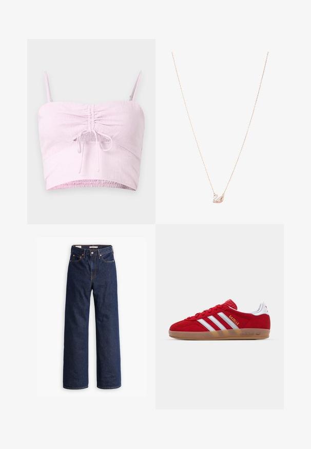 Beige wollen blend jas met een op maat gemaakt ontwerp, notch revers, drie zwarte knopen en twee voorzakken. Lange mouwen en middellange snit.; Lichtroze cropped top met verstelbare spaghettibandjes, gerimpeld voorpand en elastische zoom. De textuur van de stof voegt zachtheid toe.; Donkerblauwe rechte spijkerbroek met vijf zakken, oranje stiksels en een knopen sluiting.; Rode suède sneaker met een witte drie-strepenontwerp en gouden "Gazelle" tekst. Beschikt over een rubberen gumzool en een gestructureerde hiel.; Roségouden ketting met een zwaan hanger, versierd met heldere kristallen. De ketting heeft een verfijnd schakeldesign.