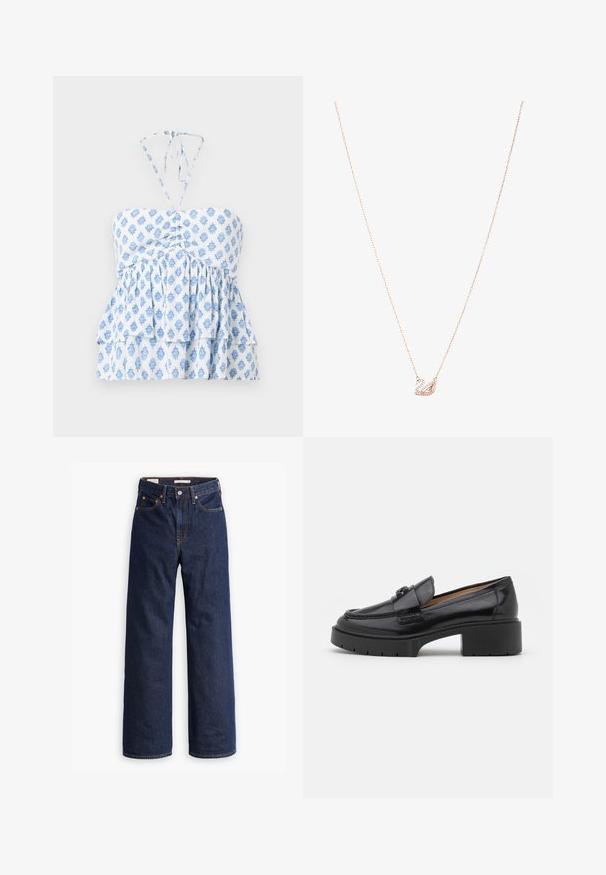 Beige kabát z vlněné směsi s propracovaným designem, klopami s výstřihem do V, třemi černými knoflíky a dvěma předními kapsami. Dlouhé rukávy a středně dlouhý střih.; Hollister Co. STRAPLESS CONVERTIBLE DOUBLE TIER BABYDOLL - Top - white; Tmavě modré džíny rovného střihu s pěti kapsami, oranžovým prošíváním a zapínáním na knoflík.; Černé kožené mokasíny s nízkým blokovým podpatkem, zaoblenou špičkou, dekoračním páskem a texturovaným prošíváním na svršku. Hladký povrch.; Náhrdelník z růžového zlata s přívěskem labutě, zdobeným jasnými krystaly. Řetízek má jemný design článků.