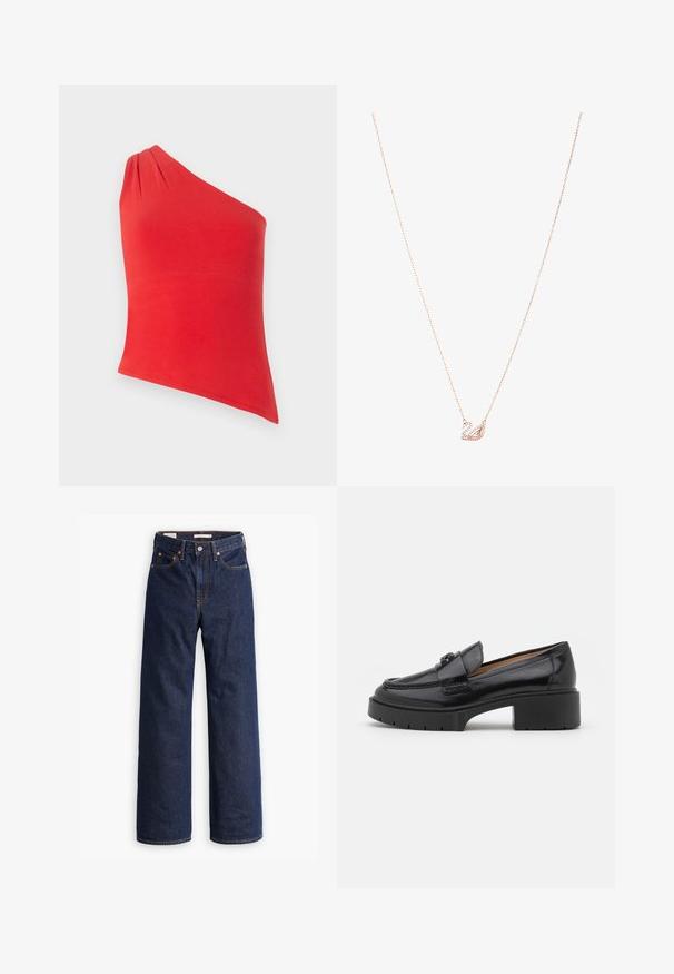 Casaco em mistura de lã bege com um design estruturado, lapelas com corte em bico, três botões pretos e dois bolsos frontais. Mangas longas e corte a meio comprimento.; Top vermelho, com uma alça, feito de um tecido suave. Apresenta um detalhe franzido no ombro. Design ajustado com uma bainha reta.; Jeans de ganga azul-escuro de perna reta com cinco bolsos, costuras laranja e fecho de botão.; Mocassim de couro preto com um salto baixo, bico arredondado, fita decorativa e detalhe de costura texturizada na parte superior. Acabamento suave.; Colar em ouro rosa com um pendente de cisne, embelezado com cristais transparentes. A corrente apresenta um design de elos delicado.
