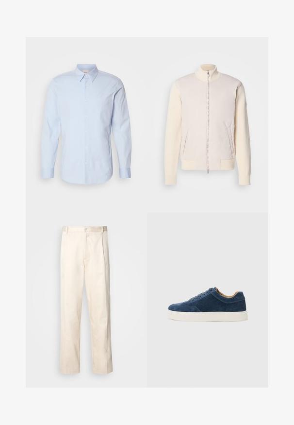 Lys beige jakke med glidelås foran, som kombinerer et glatt overmateriale og teksturerte strikkede ermer, med sidelommer og stående krage.; Lys blå langermet skjorte med knappestolpe, laget av bomull med klassisk krage, som har en liten logo på brystet og en rett kant.; Beige bomullsbukser med rett benfatt, med knappelukking og folder foran for ekstra detaljer.; Blå semsket sneakers med hvit gummisåle, snøring, rund tå og kontrasterende tan innside. Subtile sømdetaljer.