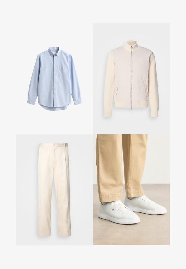 Giacca beige chiaro con zip frontale, che combina un materiale superiore liscio e maniche a maglia testurizzate, dotata di tasche laterali e colletto alto.; Camicia azzurro chiaro in cotone con bottoni. Presenta una tasca sul petto, maniche lunghe e colletto classico. Tessuto liscio con orlo arrotondato.; Pantaloni in cotone beige con taglio dritto, dotati di chiusura a bottone e pence sul davanti per un tocco di dettaglio in più.; Sneakers in pelle bianca con finitura liscia, dotati di punta rotonda, chiusura con lacci e dettaglio logo discreto sul lato, abbinati a pantaloni beige.