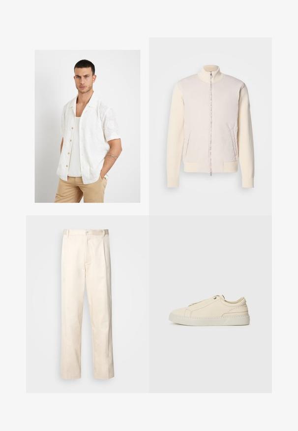 Jasno beżowa kurtka z zamkiem błyskawicznym z przodu, łącząca gładki materiał górny z teksturowanymi dzianinowymi rękawami, z bocznymi kieszeniami i stójką.; Guess - Koszula; Beżowe bawełniane spodnie o prostym kroju nogawki, z zapięciem na guziki i plisami z przodu dla dodatkowego zdobienia.; Beżowe skórzane sneakersy z zaokrąglonym noskiem, minimalistycznym designem, subtelnymi przeszyciami i teksturowaną cholewką, na jasnej podeszwie.