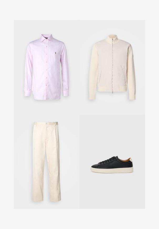 Lys beige jakke med glidelås foran, som kombinerer et glatt overmateriale og teksturerte strikkede ermer, med sidelommer og stående krage.; Polo Ralph Lauren Finskjorte - pink/white; Beige bomullsbukser med rett benfatt, med knappelukking og folder foran for ekstra detaljer.; Sorte skinnesneakers med en jevn tekstur, beige gummisåle, lisser og en kontrasterende hæl aksent.