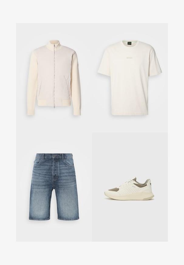 Svijetlo bež jakna s patentnim zatvaračem sprijeda, koja kombinira glatki gornji materijal i teksturirane pletene rukave, s bočnim džepovima i uspravnim ovratnikom.; BOSS TEE - Osnovna majica kratkih rukava - open white; Traperice kratke hlače u svijetloplavoj boji s izblijeđenim pranjem, s kopčanjem na struku, dva prednja džepa i šivenim detaljima na šavovima.; Bijele i svijetlosmeđe sportske tenisice, sa mrežastim gornjim dijelom, perforiranim detaljima i teksturiranim međutrakom sa brendom na peti.