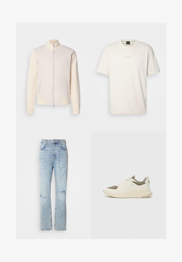 Ljusbeige jacka med dragkedja framtill, som kombinerar ett slätt ytmaterial och texturerade stickade ärmar, med sidofickor och ståkrage.; BOSS TEE - T-shirt - bas - open white; Ljust tvättade denimjeans med avslappnad passform, med slitna områden och fransade kanter. Tyget har en mjuk och slät textur.; Vit och ljusbeige atletisk sneaker med ett meshöverdrag, perforerade detaljer och en texturerad mellansula med varumärke på hälen.