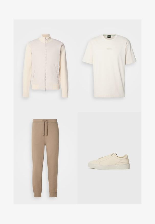 Light beige jacket with a zippered front, combining a smooth upper material and textured knit sleeves, featuring side pockets and a stand collar.; BOSS TEE - Basic T-shirt - open white; Beige cotton sweatpants with an elastic waist, drawstring, side pockets, and ribbed cuffs, featuring a smooth texture and tapered fit.; Beige leather sneaker with a rounded toe, minimalistic design, subtle stitching details, and a textured upper, on a light sole.