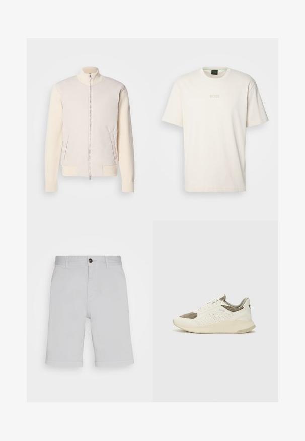 Šviesiai smėlinės spalvos švarkas su užtrauktuku priekyje, derinantis lygaus viršutinio audinio ir tekstūruotų mezginių rankoves, turi šonines kišenes ir stovinčią apykaklę.; BOSS TEE - Paprasti marškinėliai - open white; Šviesiai pilki šortai, pagaminti iš medvilnės. Yra mygtuko uždarymas, diržo kilpos ir dvi šoninės kišenės. Apačia šiek tiek pakelta.; Baltas ir šviesiai bežinis sportinis kedas, su tinklo viršumi, perforuotais detalėmis ir tekstūruotu tarpine su logotipu ant kulno.
